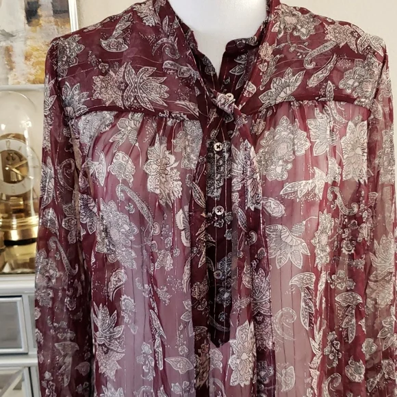 Lucky Brand India Print Boho Top M/L Burgundy Silver - Picture 2 of 5